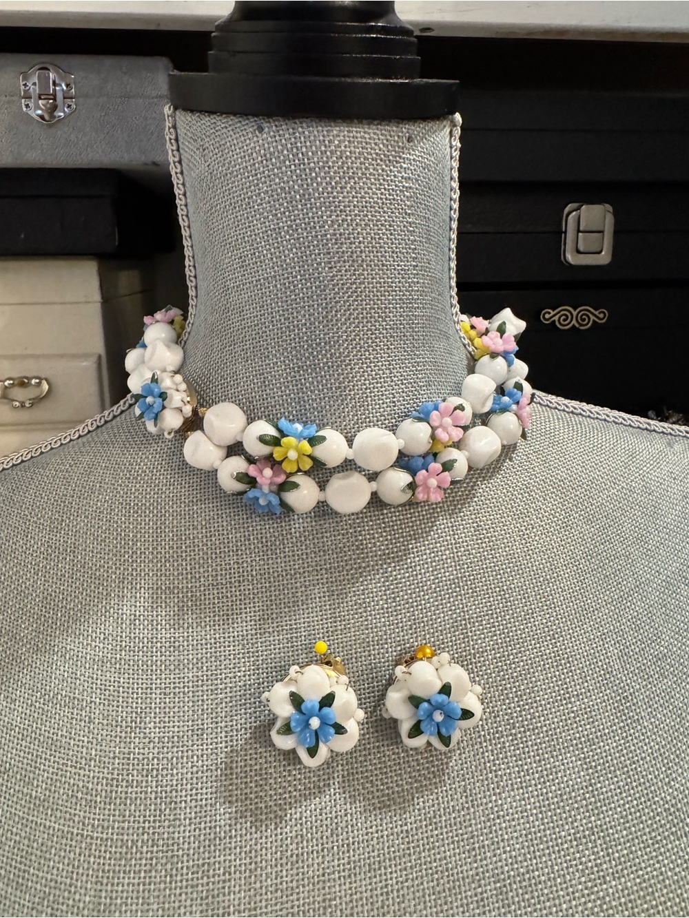 🌸 Vintage  area Floral Bead Necklace and Earring Set - Pastel Flower Choker